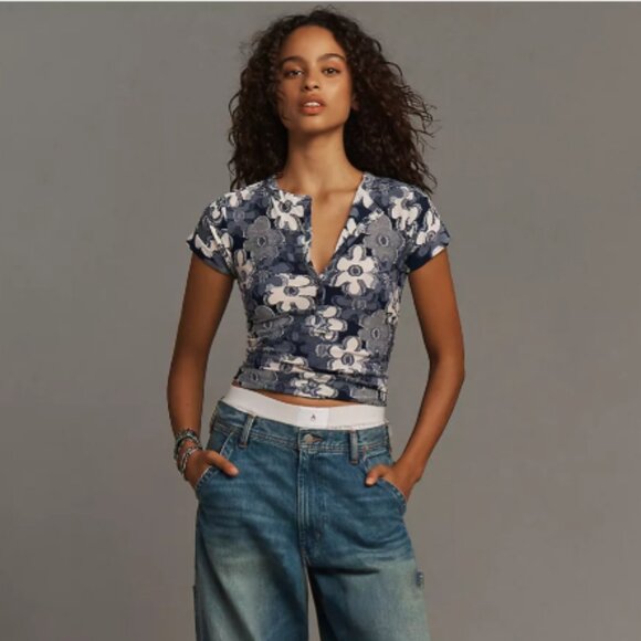 Brand New The Andie Ribbed Henley Top by Pilcro: Floral Edition - Picture 1 of 6
